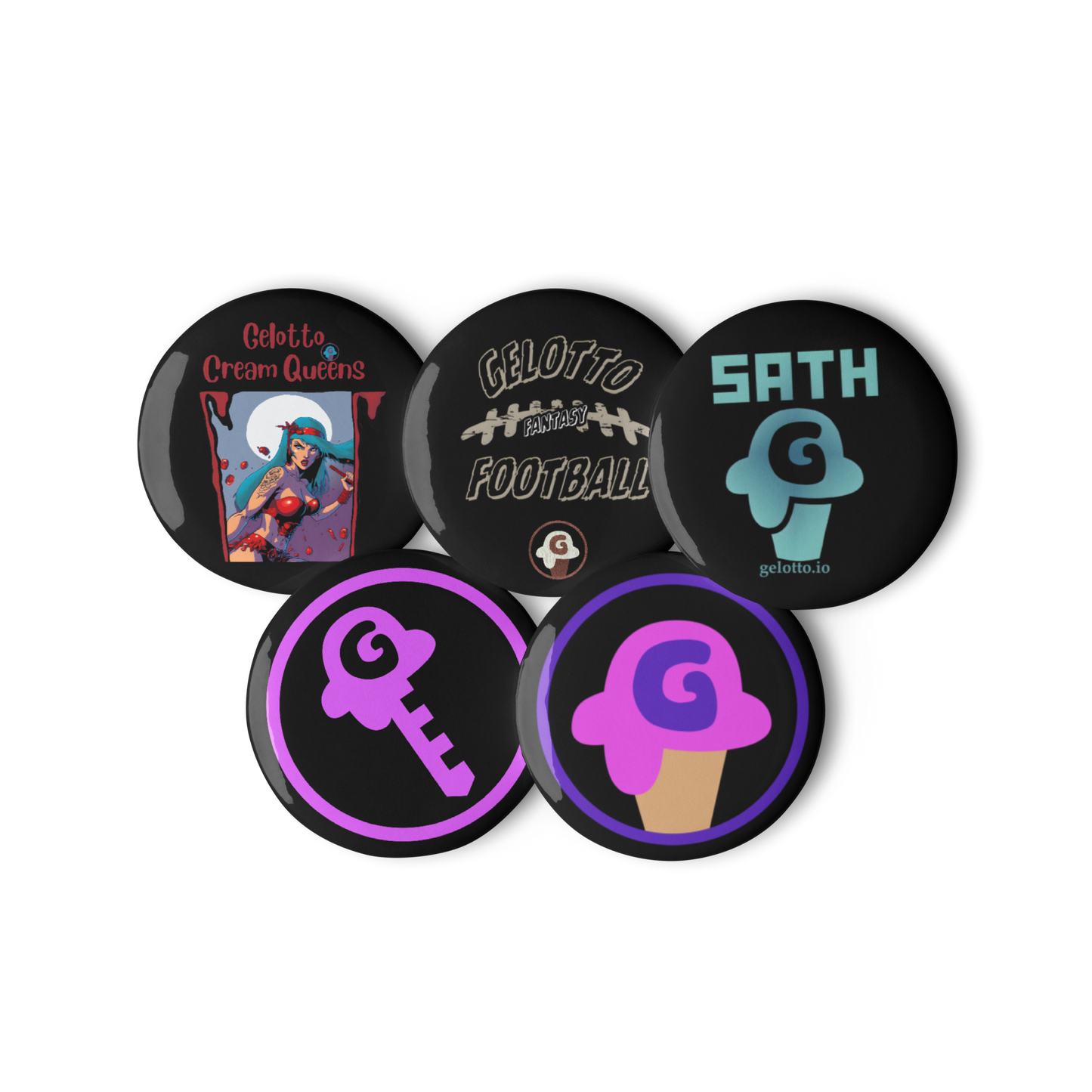 Gelotto, GKEY, SATH, Cream Queen, Football Set of pin buttons (black)