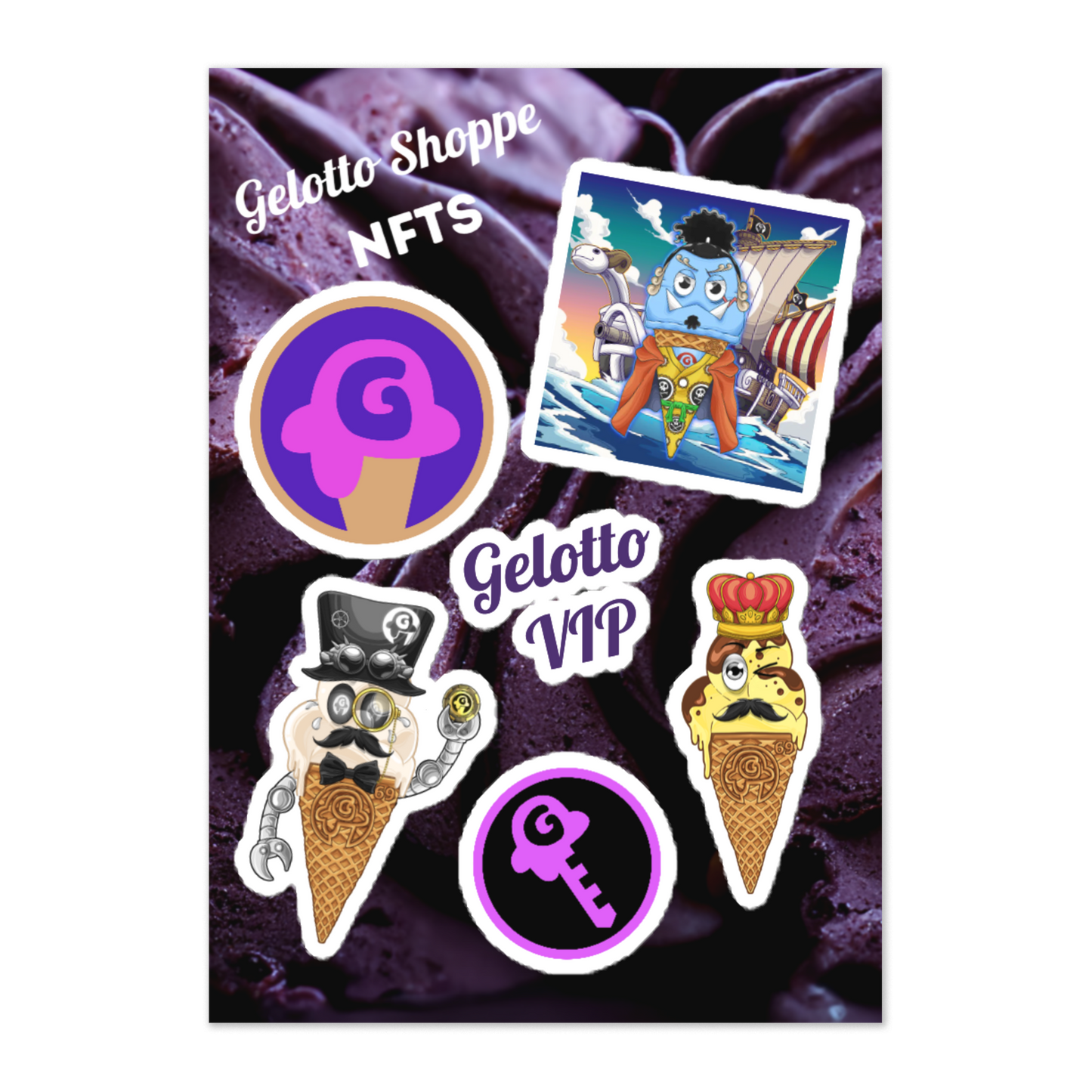 Gelotto Shoppe NFT Series 1, Gelotto logo, GKEY Sticker sheet