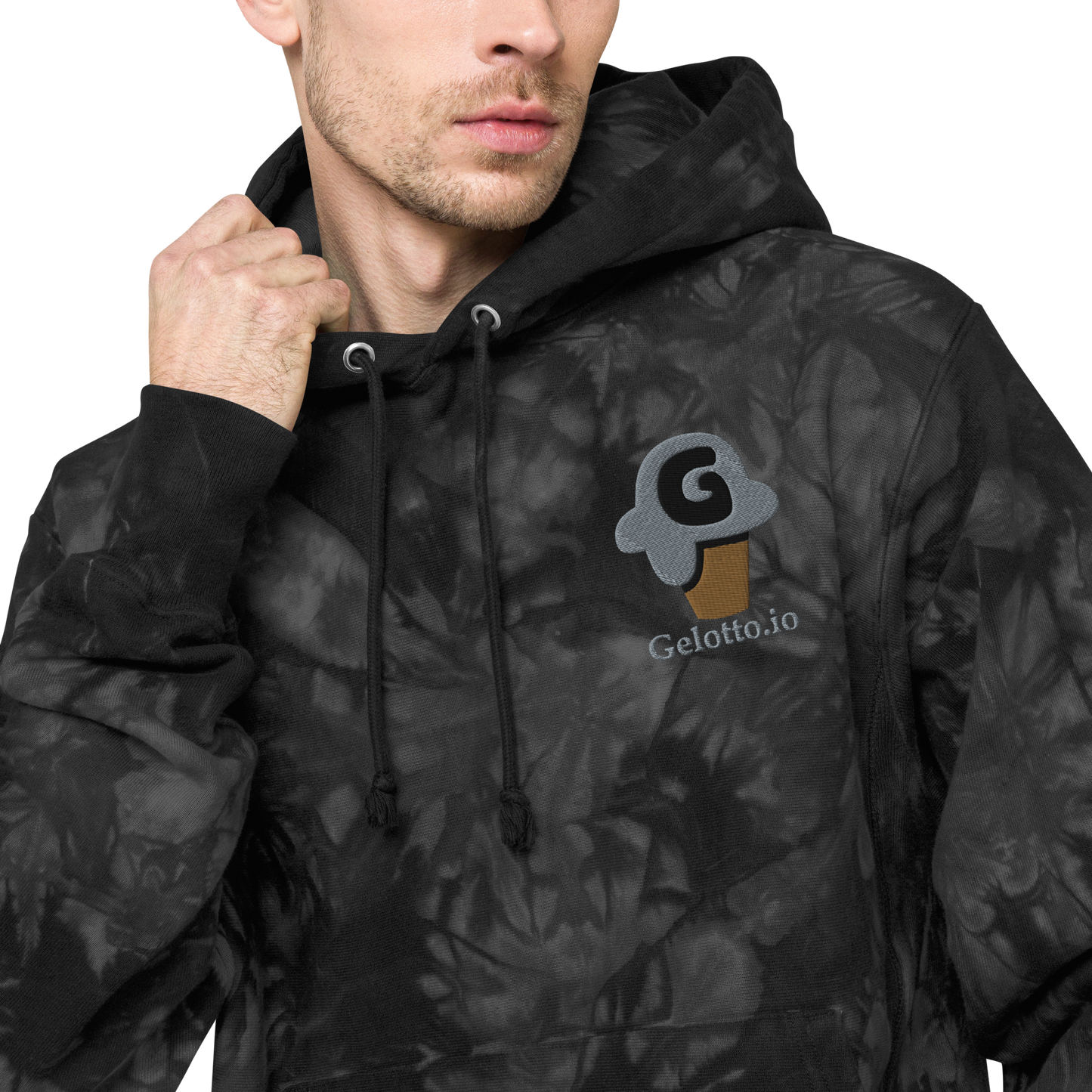 Gelotto logo Unisex Champion tie-dye hoodie (grey and black logo)