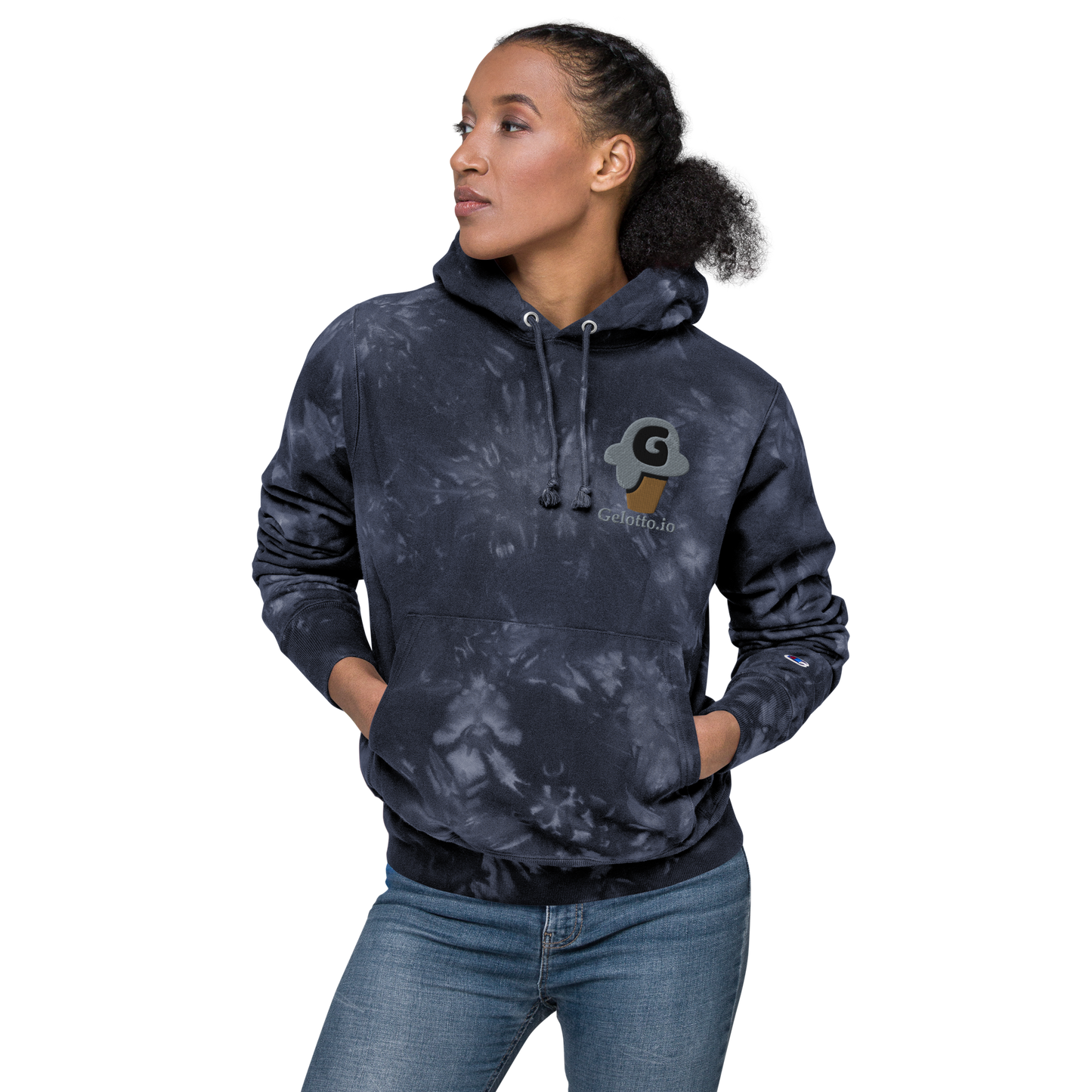 Gelotto logo Unisex Champion tie-dye hoodie (grey and black logo)