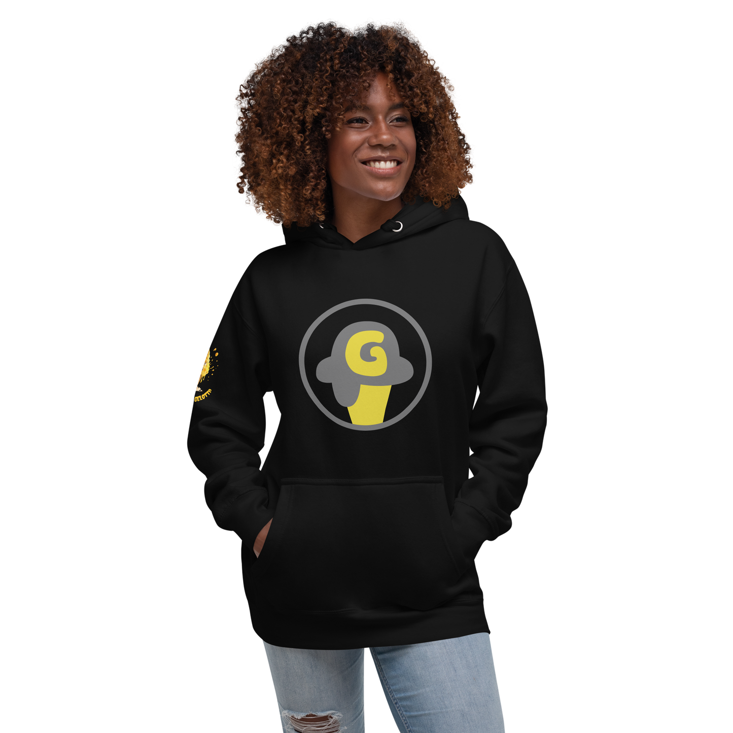Mostro del Gelotto / Gelotto logo Unisex Hoodie (yellow Mostro, yellow and grey logo)
