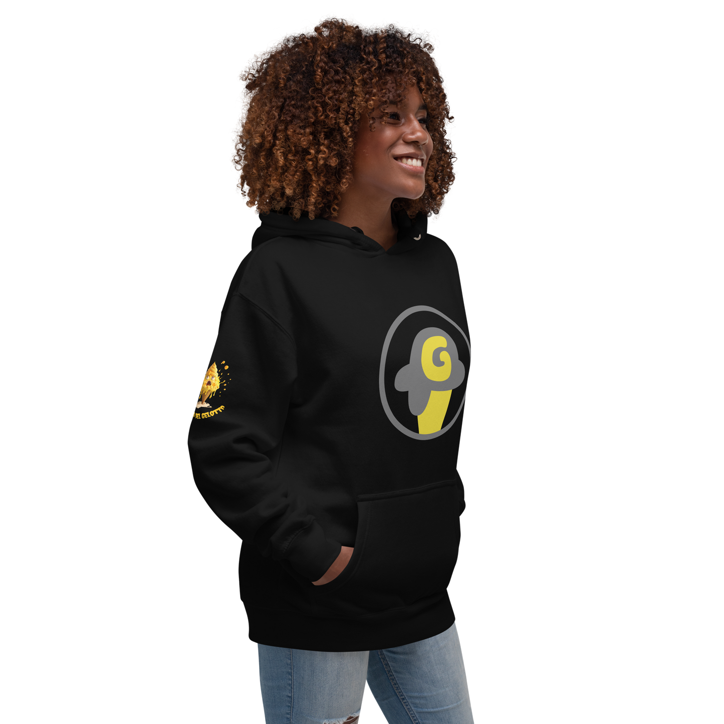 Mostro del Gelotto / Gelotto logo Unisex Hoodie (yellow Mostro, yellow and grey logo)