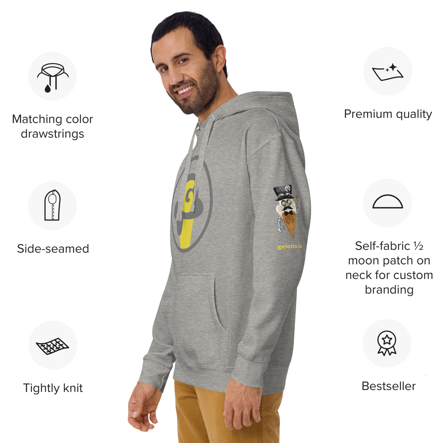 Series 1 NFT / Gelotto logo Unisex Hoodie (grey and yellow logo)