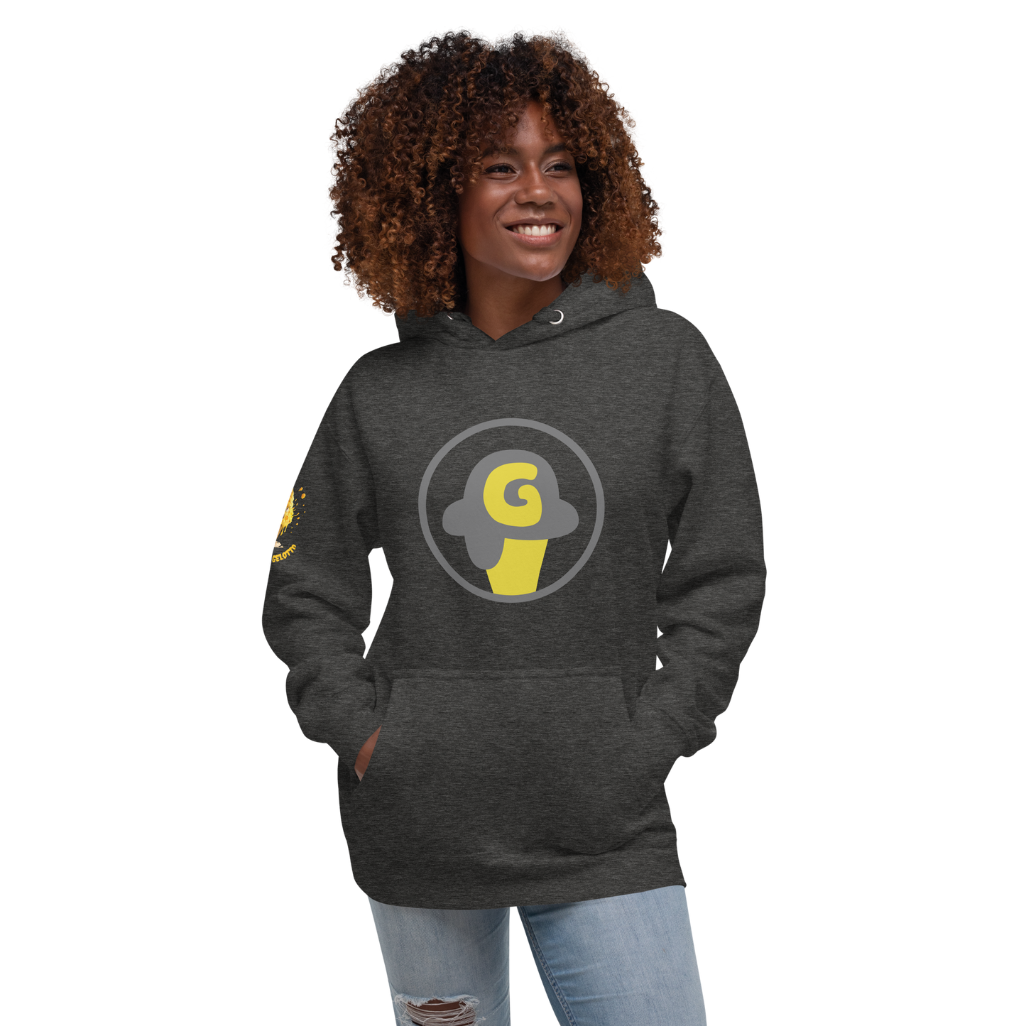 Mostro del Gelotto / Gelotto logo Unisex Hoodie (yellow Mostro, yellow and grey logo)