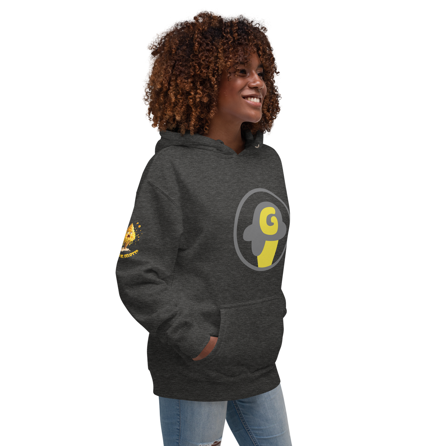 Mostro del Gelotto / Gelotto logo Unisex Hoodie (yellow Mostro, yellow and grey logo)