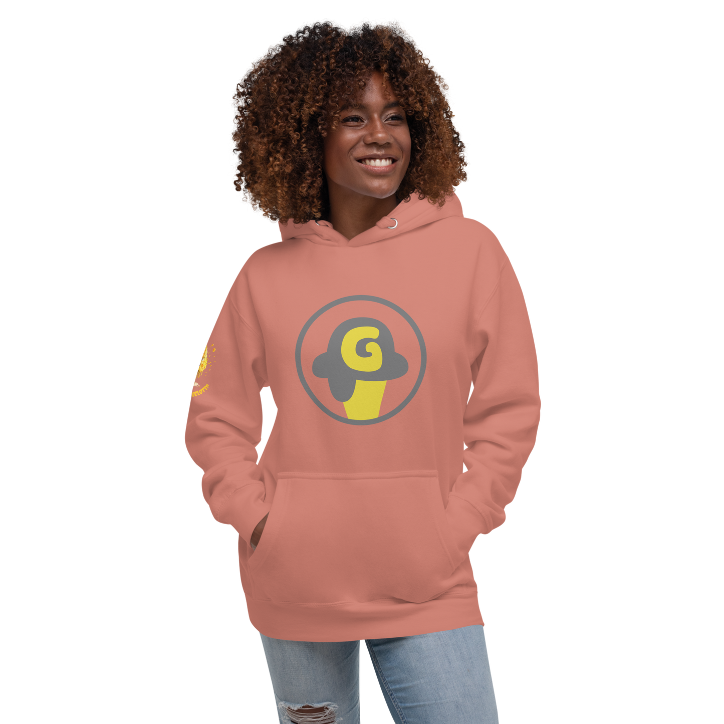 Mostro del Gelotto / Gelotto logo Unisex Hoodie (yellow Mostro, yellow and grey logo)