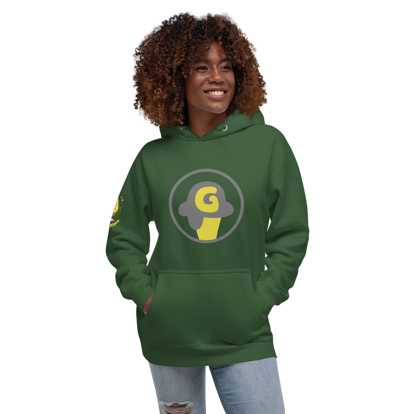 Mostro del Gelotto / Gelotto logo Unisex Hoodie (yellow Mostro, yellow and grey logo)