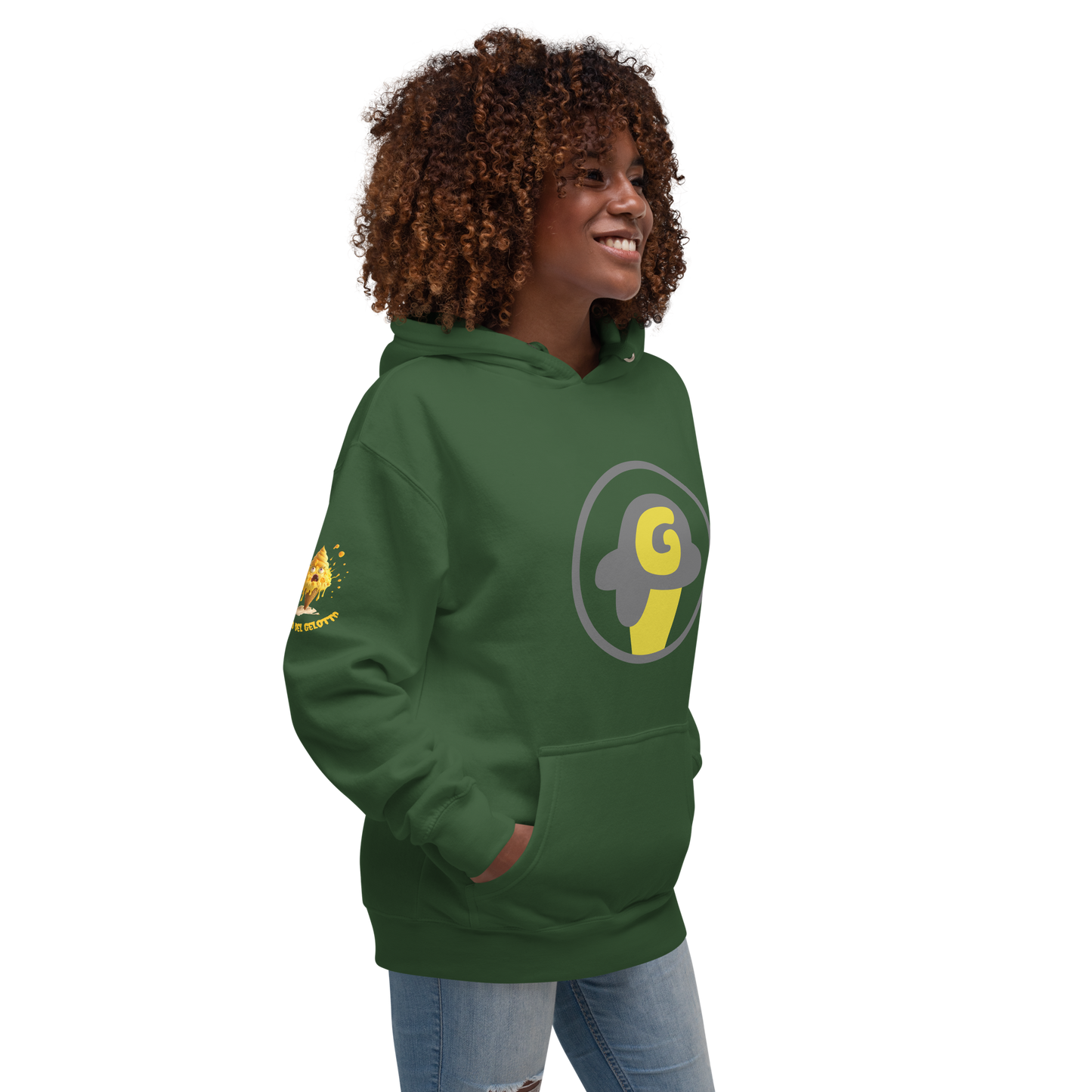 Mostro del Gelotto / Gelotto logo Unisex Hoodie (yellow Mostro, yellow and grey logo)