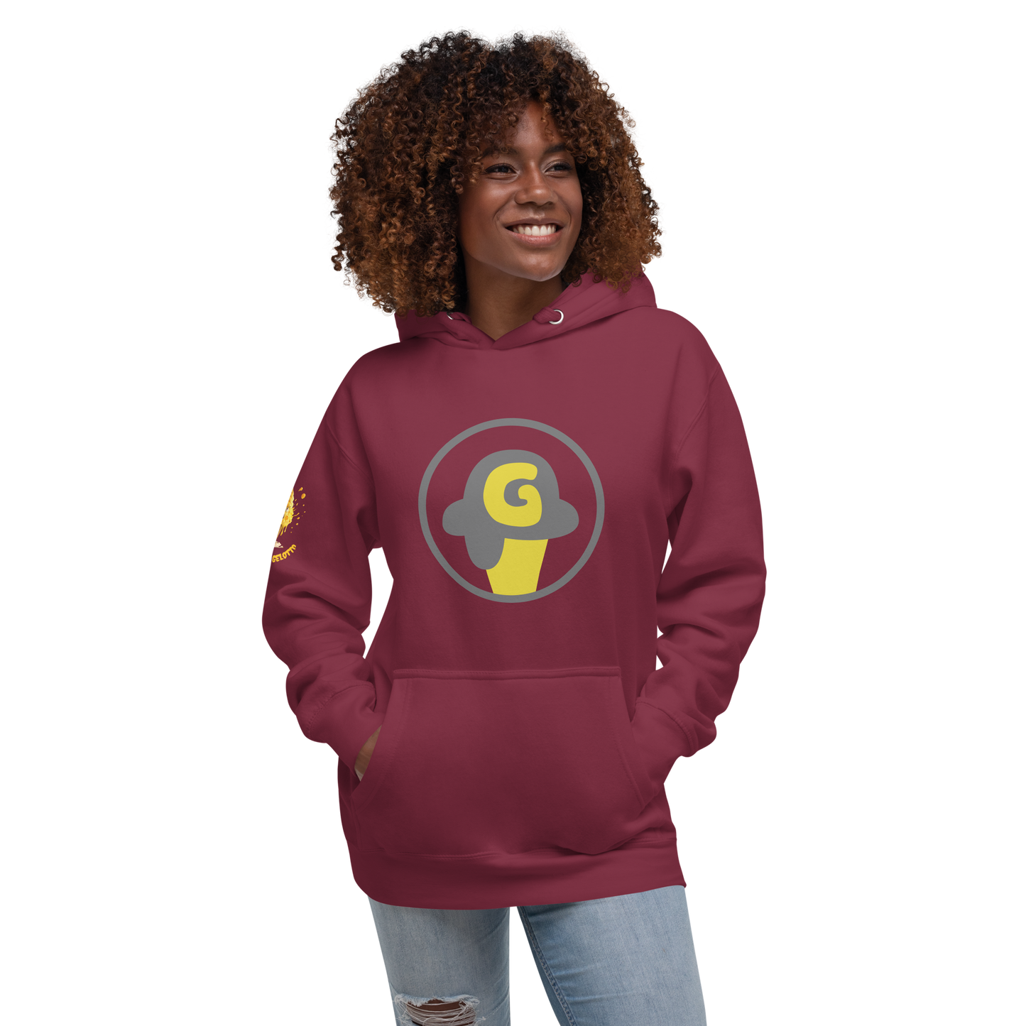 Mostro del Gelotto / Gelotto logo Unisex Hoodie (yellow Mostro, yellow and grey logo)