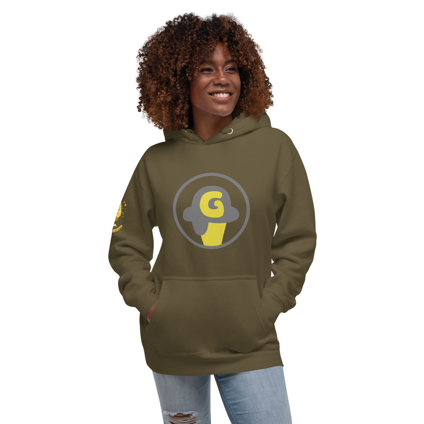 Mostro del Gelotto / Gelotto logo Unisex Hoodie (yellow Mostro, yellow and grey logo)