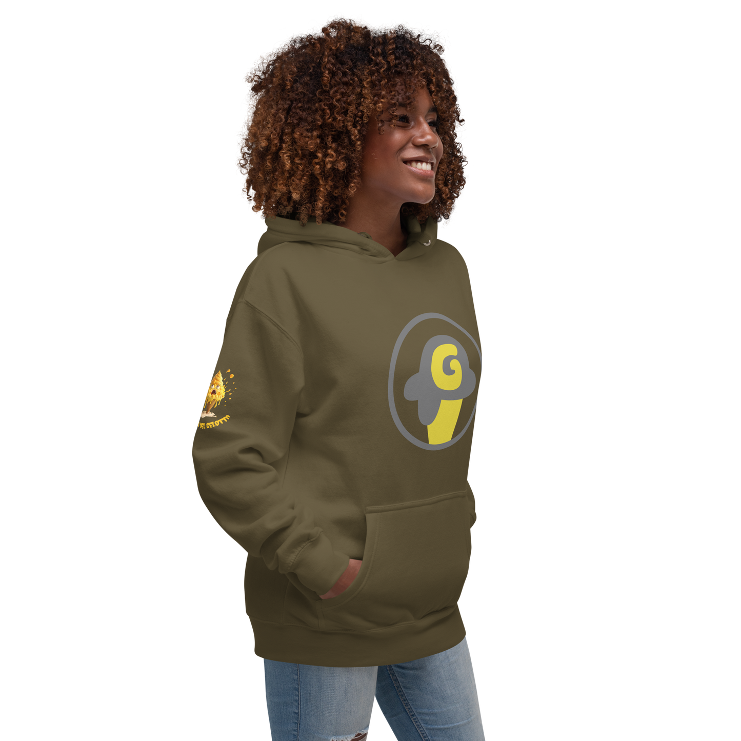 Mostro del Gelotto / Gelotto logo Unisex Hoodie (yellow Mostro, yellow and grey logo)