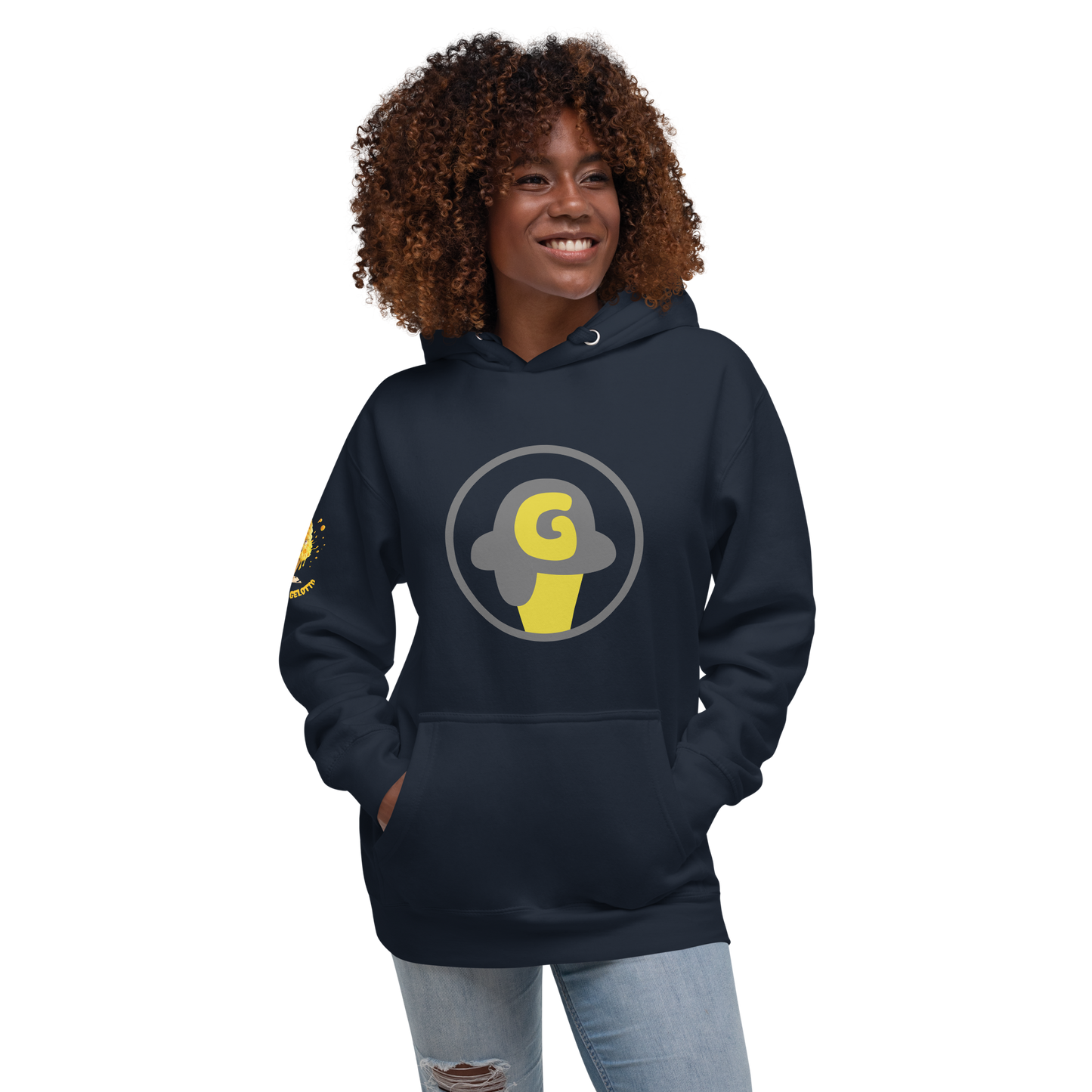 Mostro del Gelotto / Gelotto logo Unisex Hoodie (yellow Mostro, yellow and grey logo)
