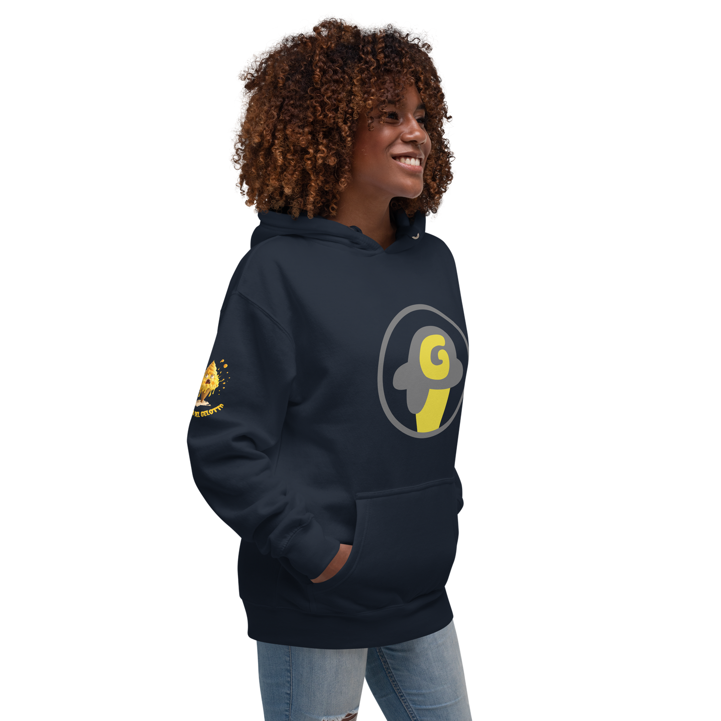 Mostro del Gelotto / Gelotto logo Unisex Hoodie (yellow Mostro, yellow and grey logo)