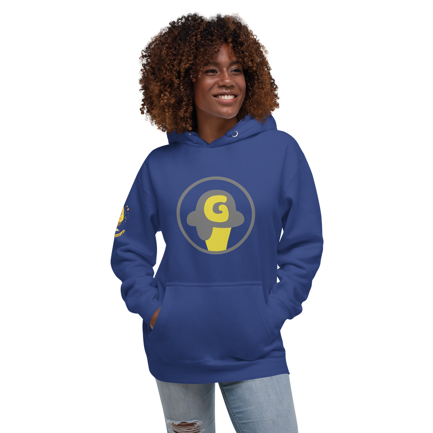Mostro del Gelotto / Gelotto logo Unisex Hoodie (yellow Mostro, yellow and grey logo)
