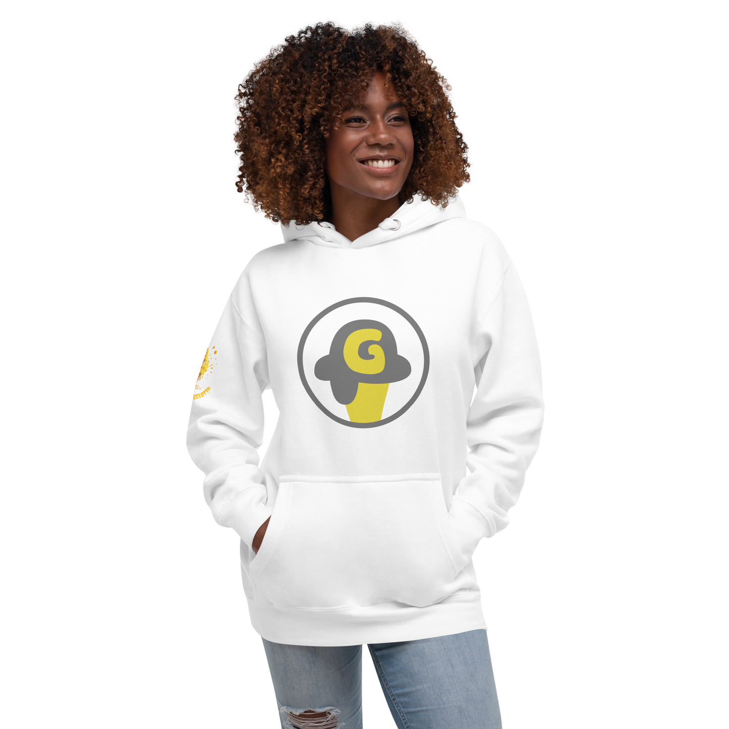 Mostro del Gelotto / Gelotto logo Unisex Hoodie (yellow Mostro, yellow and grey logo)