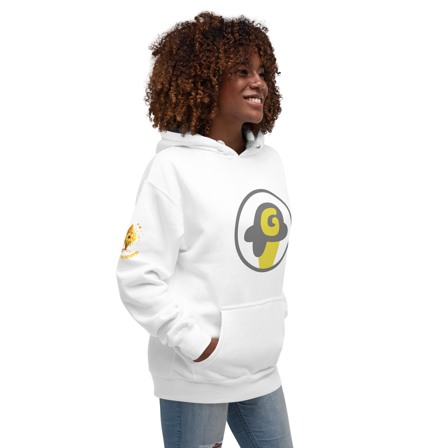 Mostro del Gelotto / Gelotto logo Unisex Hoodie (yellow Mostro, yellow and grey logo)