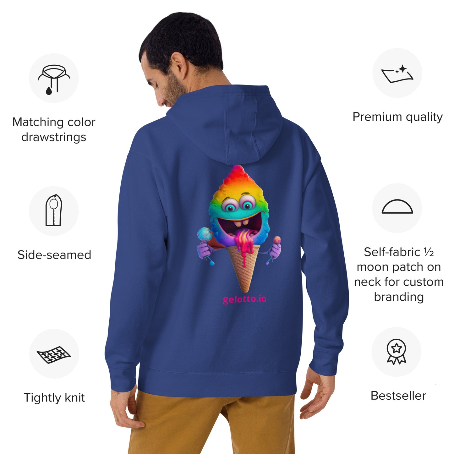 Unisex Hoodie Rainbow Mostro on back, Gold G on front